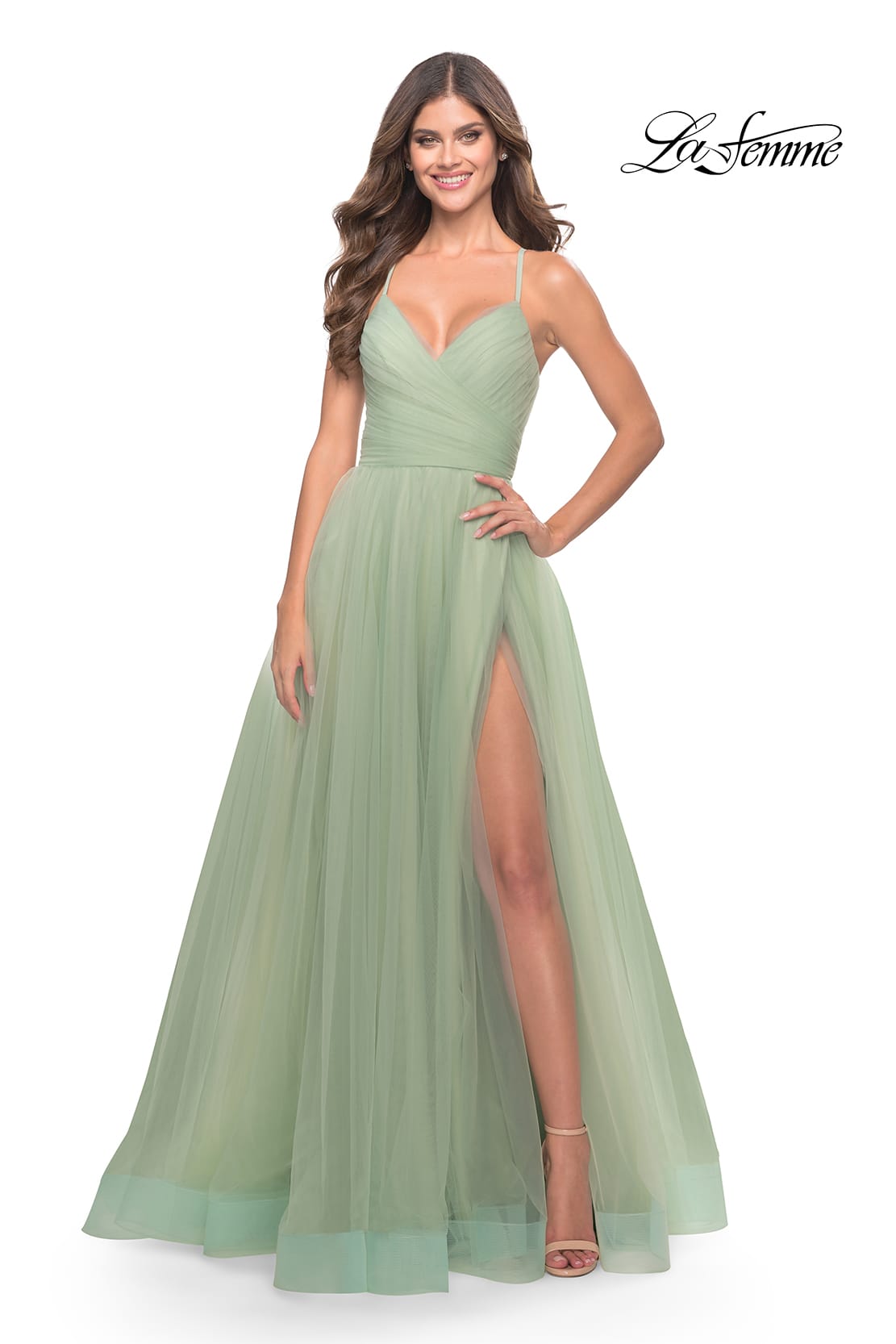Picture of: Long Tulle A-line Gown with Side Slit and Pockets in Sage, Style: 31501, Main Picture