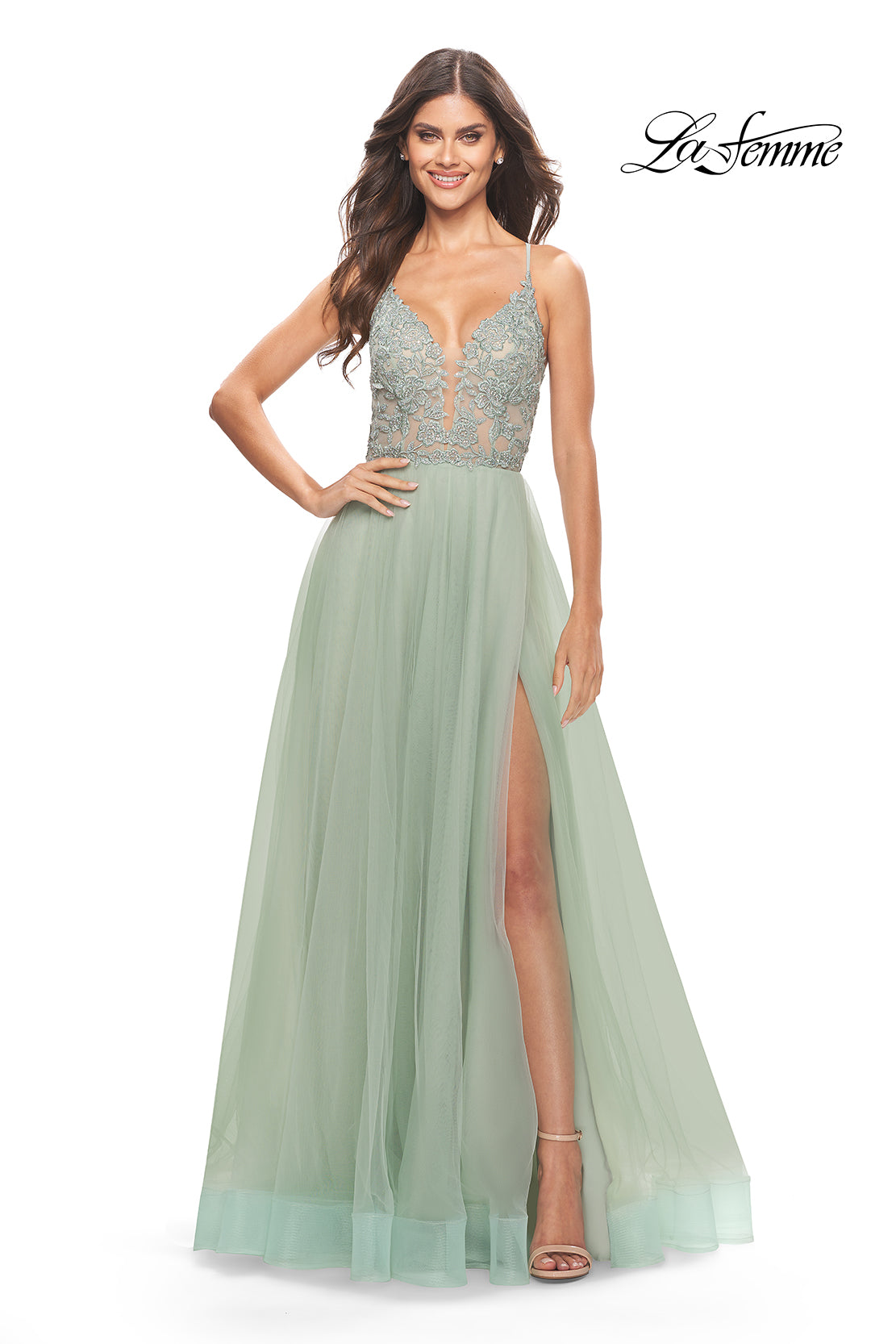 Picture of: Tulle Gown with Sheer Lace Bodice in Sage, Style: 31542, Main Picture