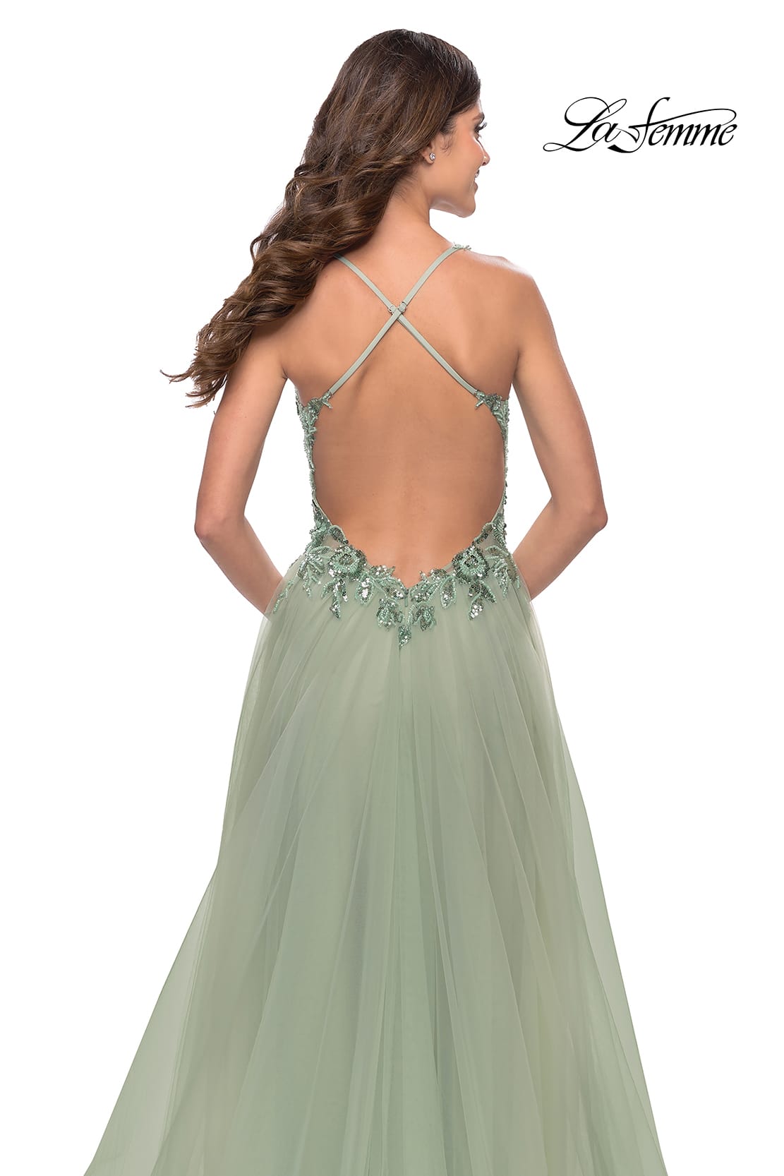 Picture of: Tulle A-Line Gown with Sheer Bodice and Beaded Lace Detail in Sage, Style: 31369, Detail Picture 8