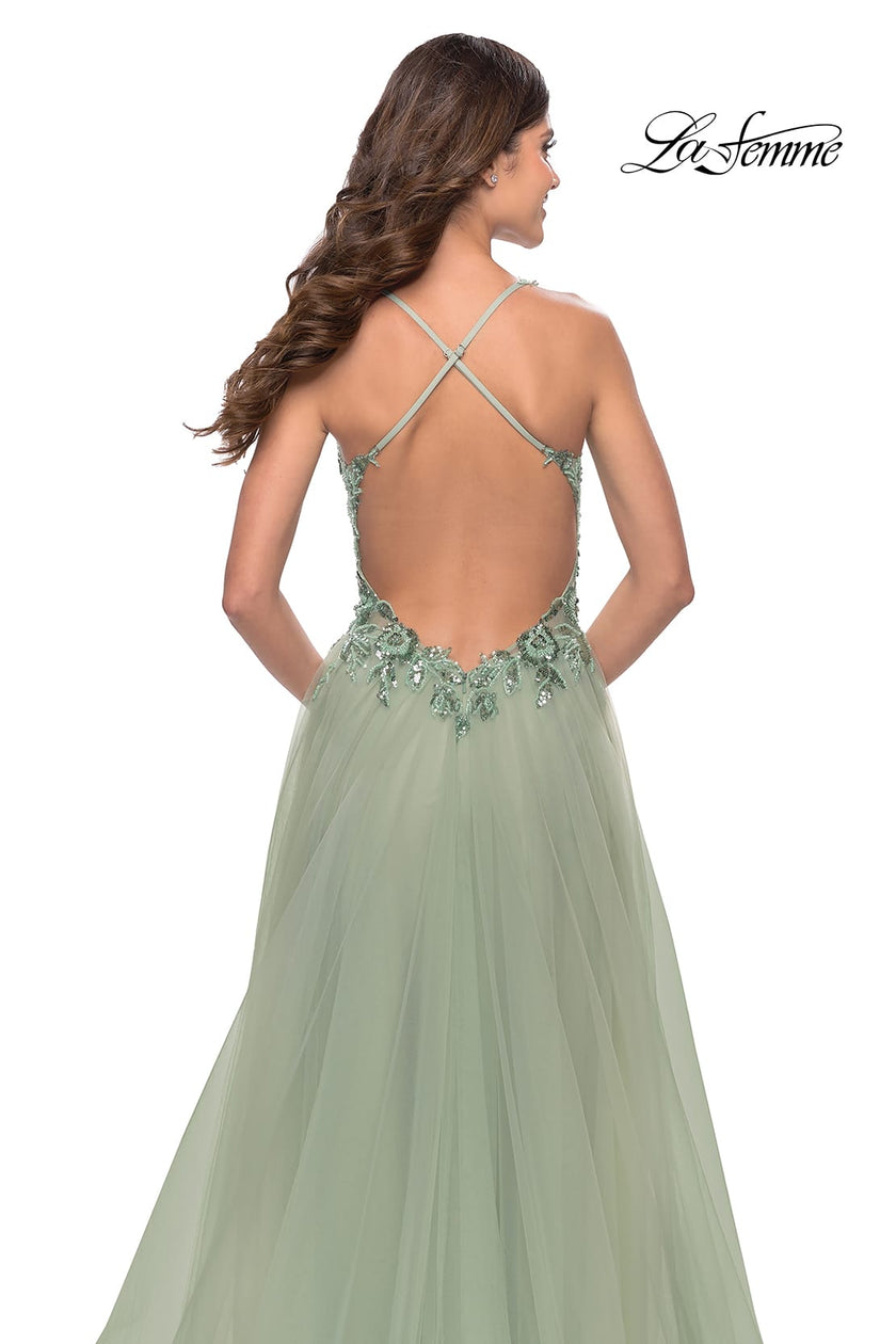 Picture of: Tulle A-Line Gown with Sheer Bodice and Beaded Lace Detail in Sage, Style: 31369, Detail Picture 8