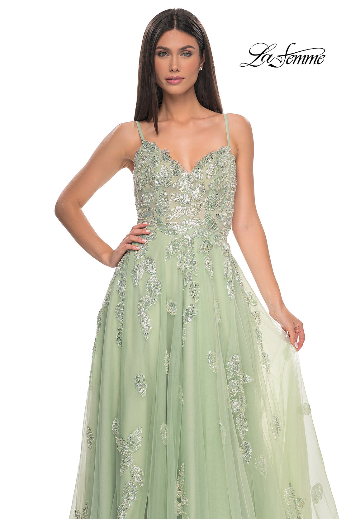 Picture of: Two Tone Tulle A-Line Prom Dress with Floral Beaded Detail in Sage, Style: 32090, Detail Picture 8