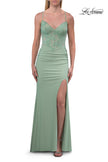 Picture of: Lace Bodice Fitted Gown with Slit and Open Crisscross Back in Sage, Style: 33386, Detail Picture 8