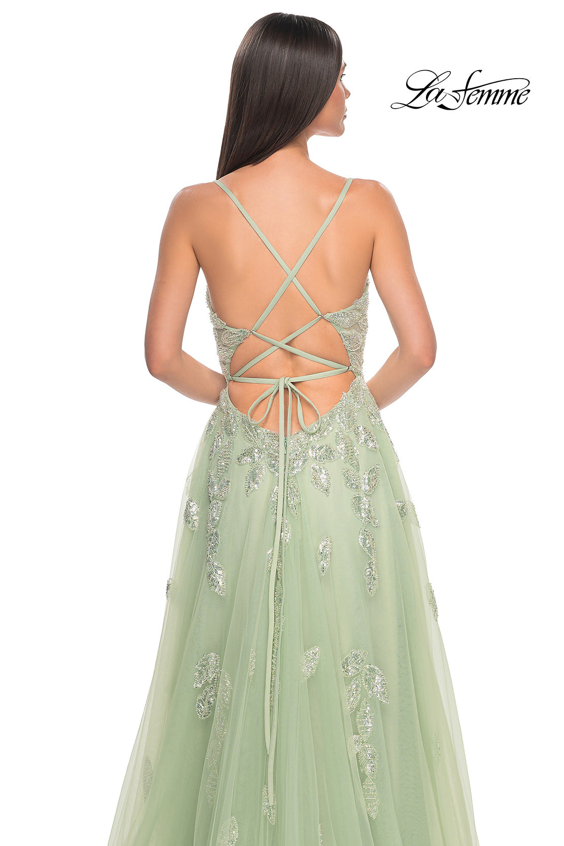 Picture of: Two Tone Tulle A-Line Prom Dress with Floral Beaded Detail in Sage, Style: 32090, Detail Picture 9