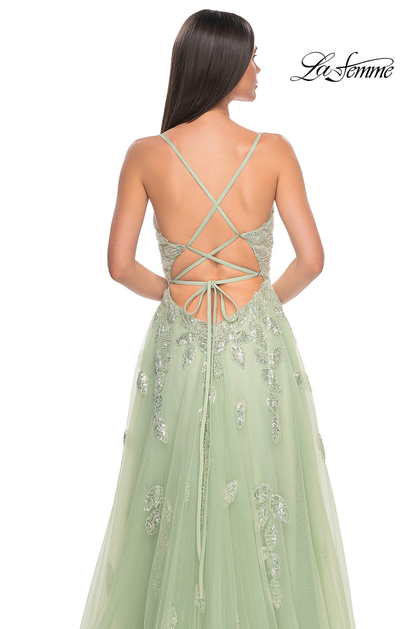 Picture of: Two Tone Tulle A-Line Prom Dress with Floral Beaded Detail in Sage, Style: 32090, Detail Picture 9