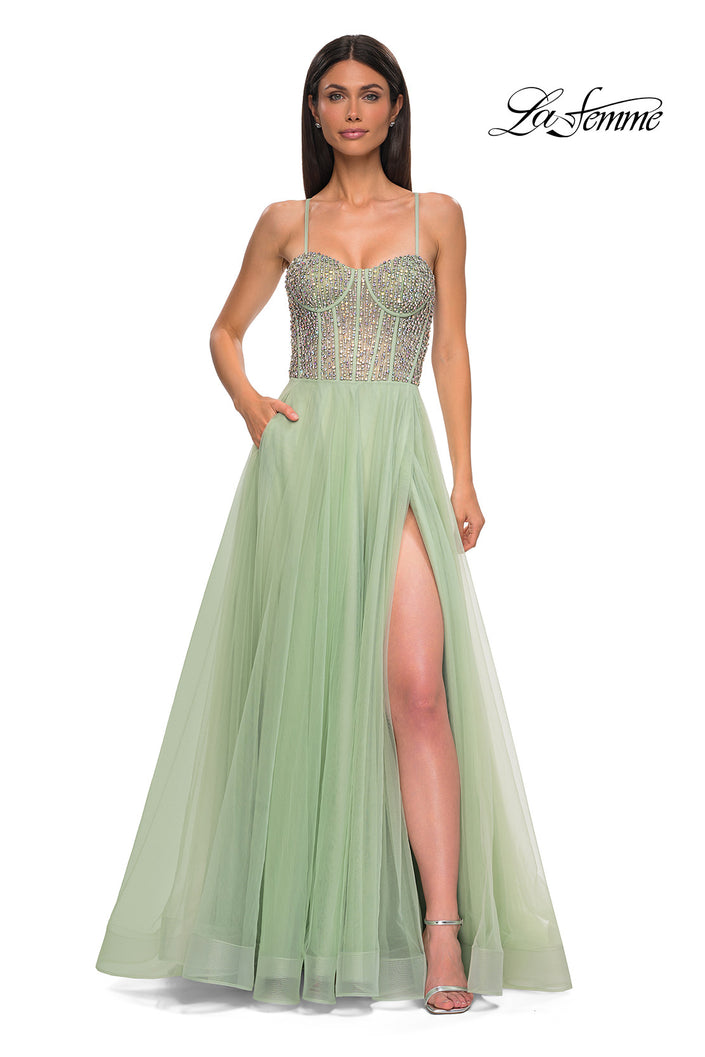 Picture of: Rhinestone Embellished Corset with Lace Up Back and Tulle Skirt in Sage , Style 32703, Detail Picture 9