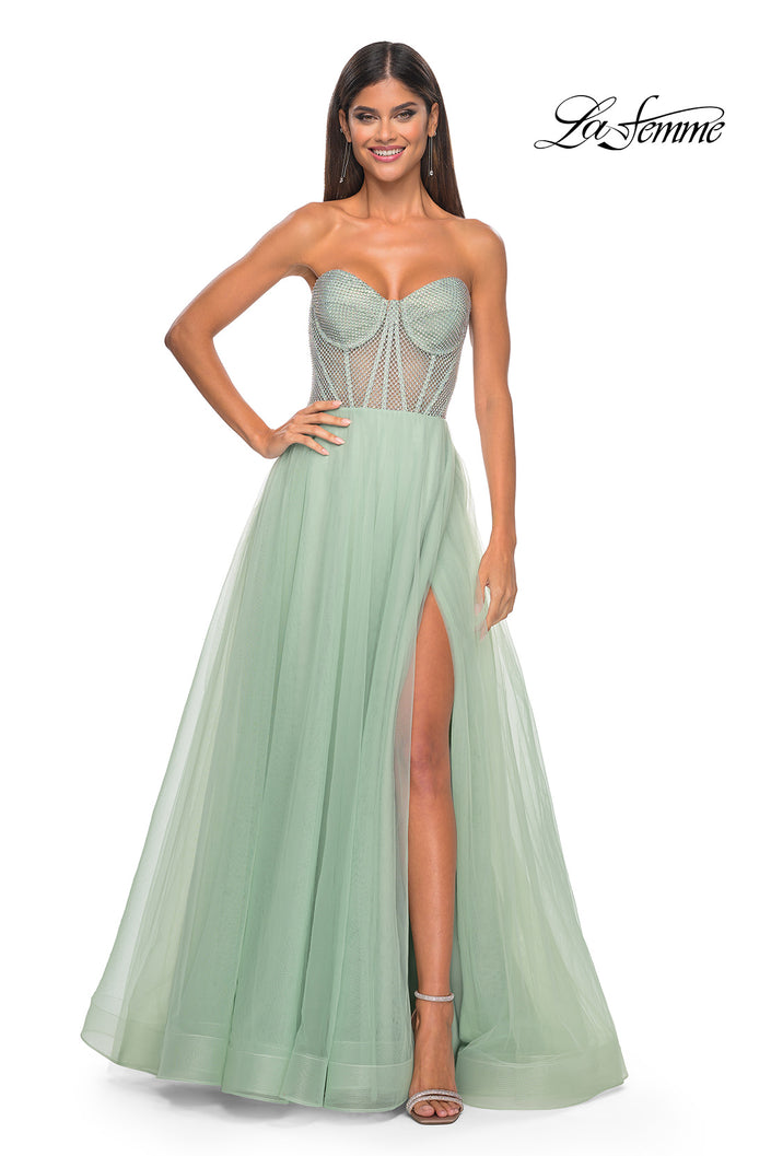 Picture of: Neon A-Line Tulle Prom Dress with Rhinestone Fishnet Bodice in Sage, Style: 32445, Detail Picture 10