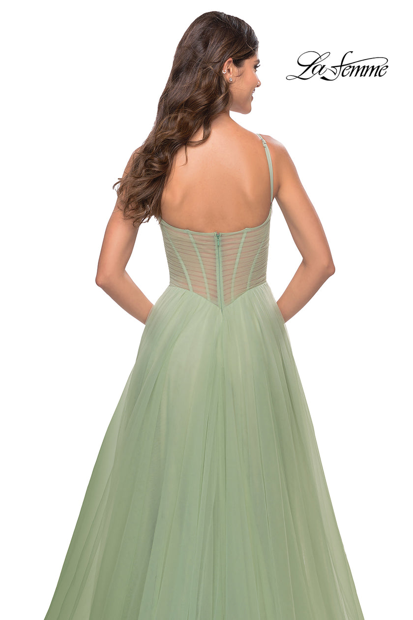 Picture of: Tulle A-line Prom Dress with Corset Sheer Bodice in Sage, Style: 31502, Detail Picture 11