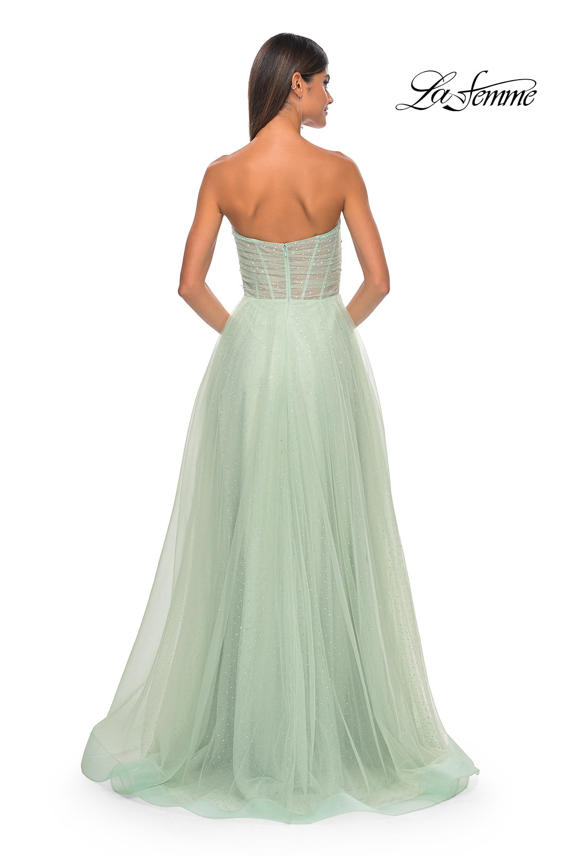 Picture of: Sweetheart Tulle and Rhinestone Prom Dress with Illusion Detail in Sage, Style: 31997, Detail Picture 15