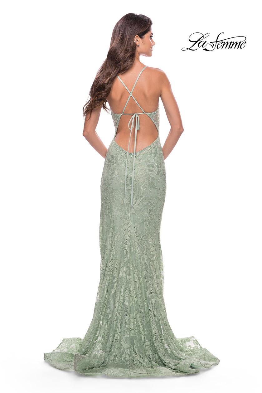 Picture of: Rhinestone Lace Embellished Prom Dress with High Side Slit in Sage, Style: 31288, Back Picture