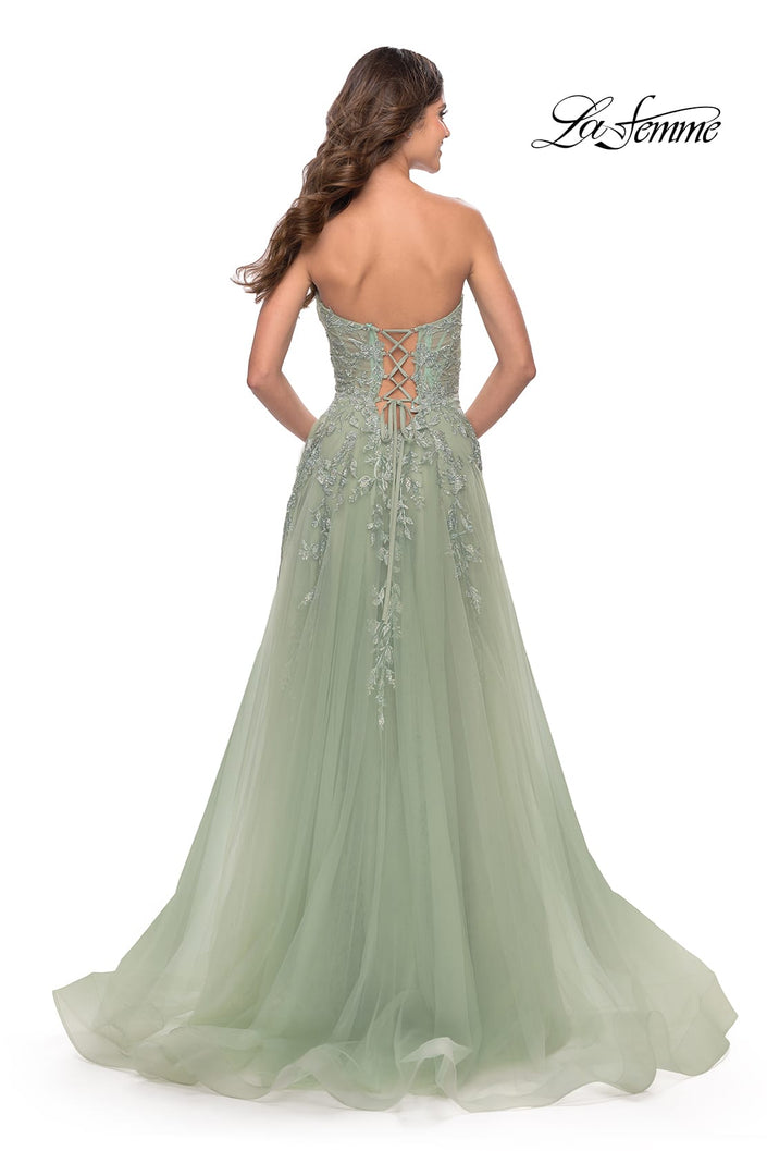 Picture of: Sweetheart Tulle Strapless Gown with Lace Applique in Sage, Style: 31363, Back Picture