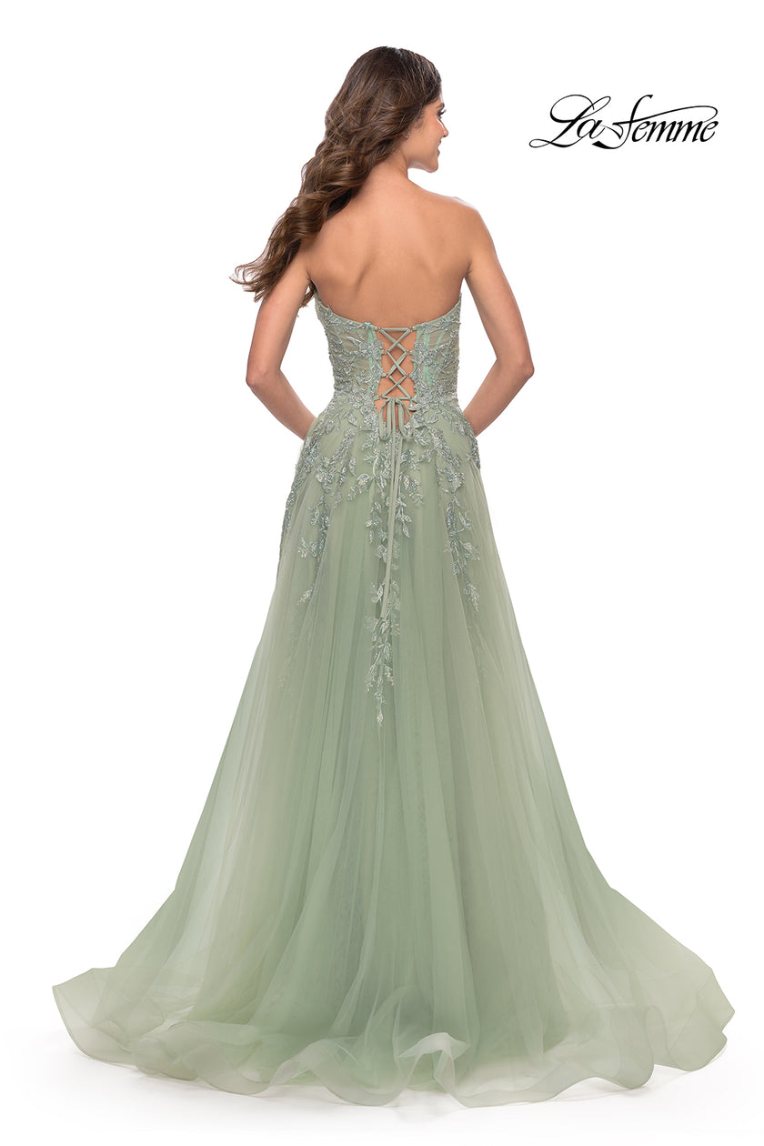 Picture of: Sweetheart Tulle Strapless Gown with Lace Applique in Sage, Style: 31363, Back Picture