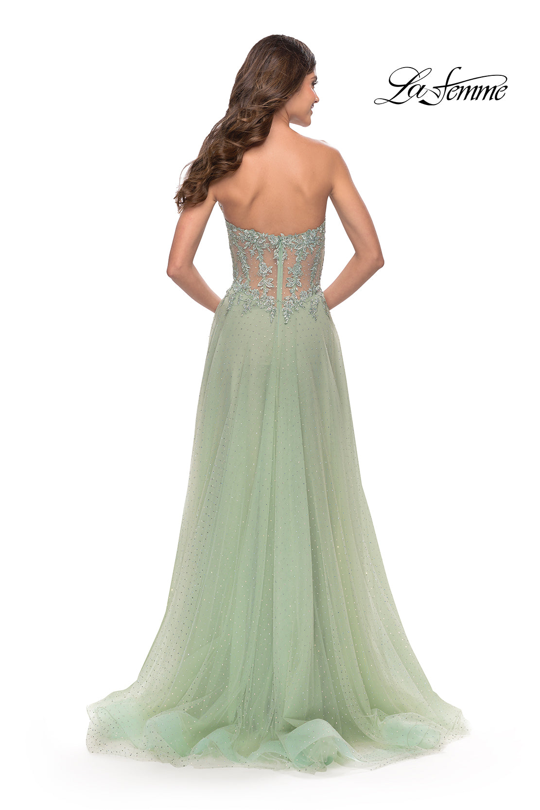 Picture of: Rhinestone Tulle Gown with Sheer Lace Bodice in Sage, Style: 31367, Back Picture