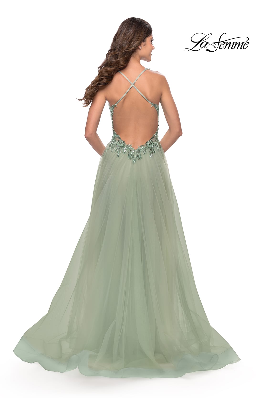 Picture of: Tulle A-Line Gown with Sheer Bodice and Beaded Lace Detail in Sage, Style: 31369, Back Picture