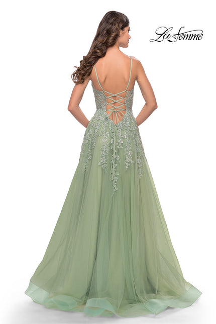 Picture of: Tulle A-Line Gown with Pretty Lace Applique Details in Sage, Style: 31393, Back Picture