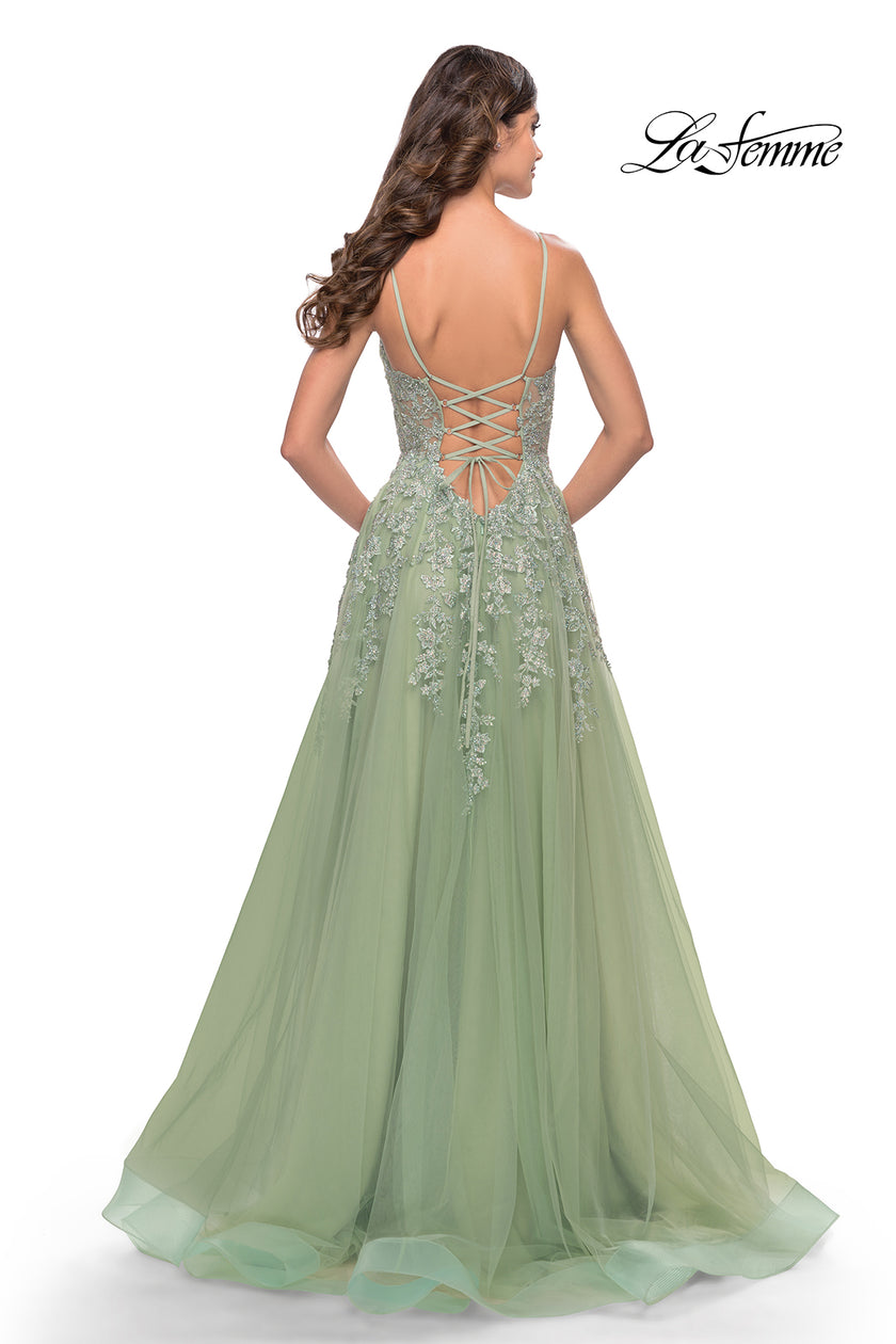 Picture of: Tulle A-Line Gown with Pretty Lace Applique Details in Sage, Style: 31393, Back Picture