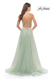 Picture of: Tulle Gown with Sheer Lace Bodice in Sage, Style: 31542, Back Picture