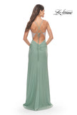 Picture of: Ruched Dress with Rhinestone Sheer Bodice in Sage, Style: 31590, Back Picture
