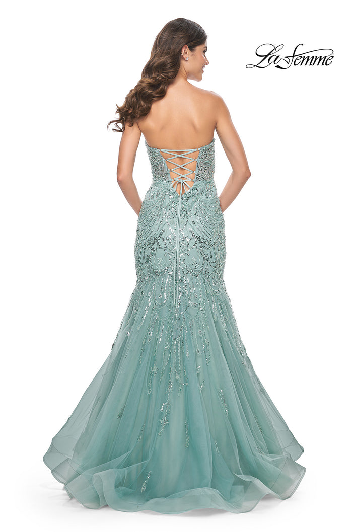 Picture of: Unique Beaded Sequin Print Mermaid Prom Dress in Sage, Style: 32053, Back Picture