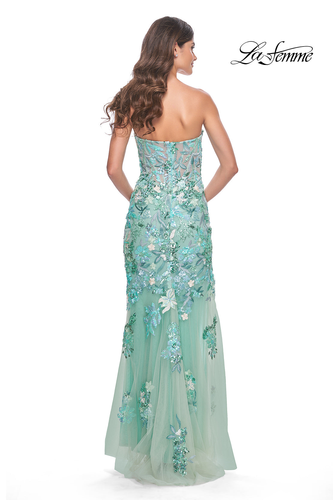 Picture of: Multi Color Lace Floral Applique on Fitted Strapless Sage Gown in Sage, Style: 32252, Back Picture