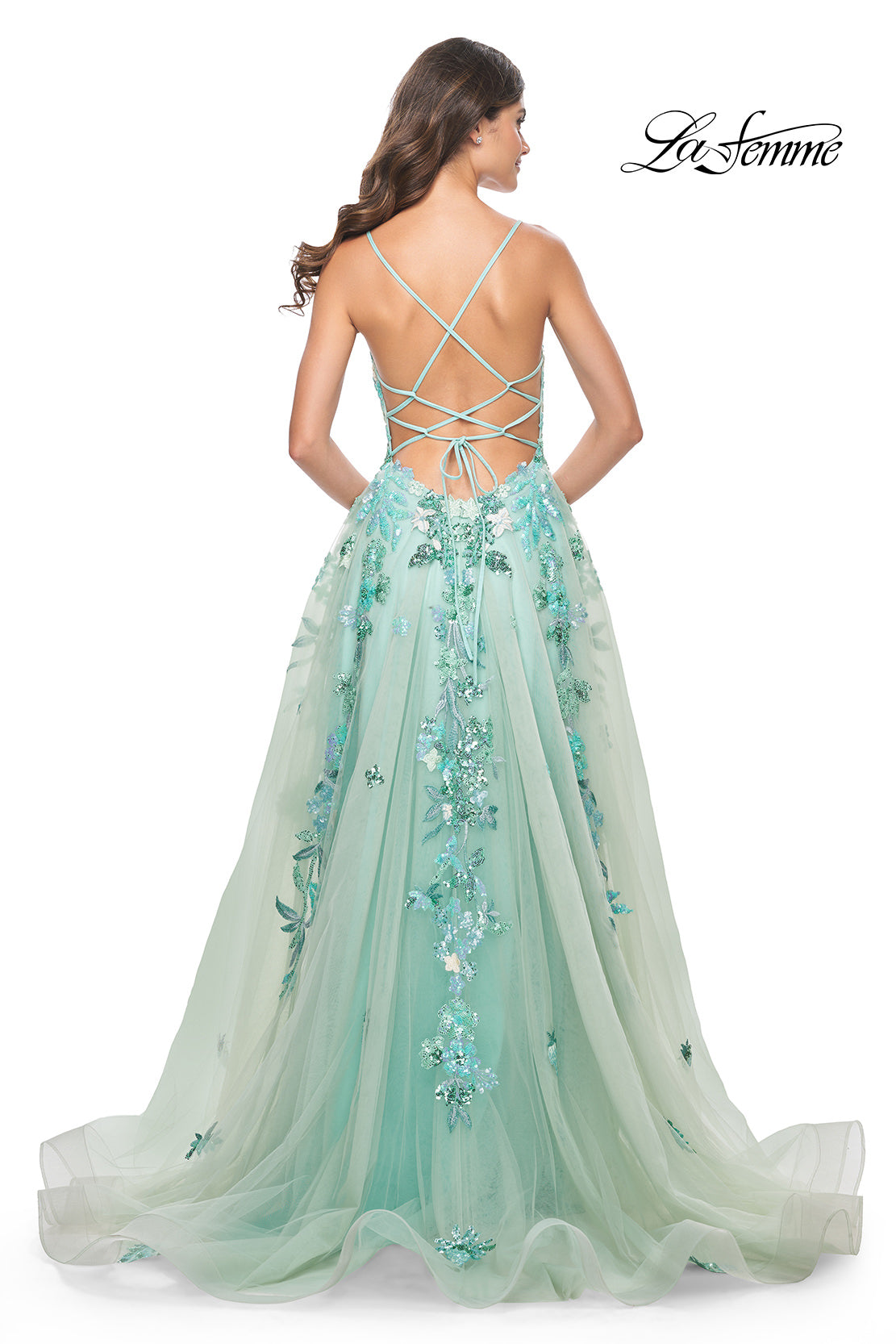 Picture of: Gorgeous Sequin Floral Lace Applique A-Line Tulle Sage Prom Dress in Sage, Style: 32347, Back Picture