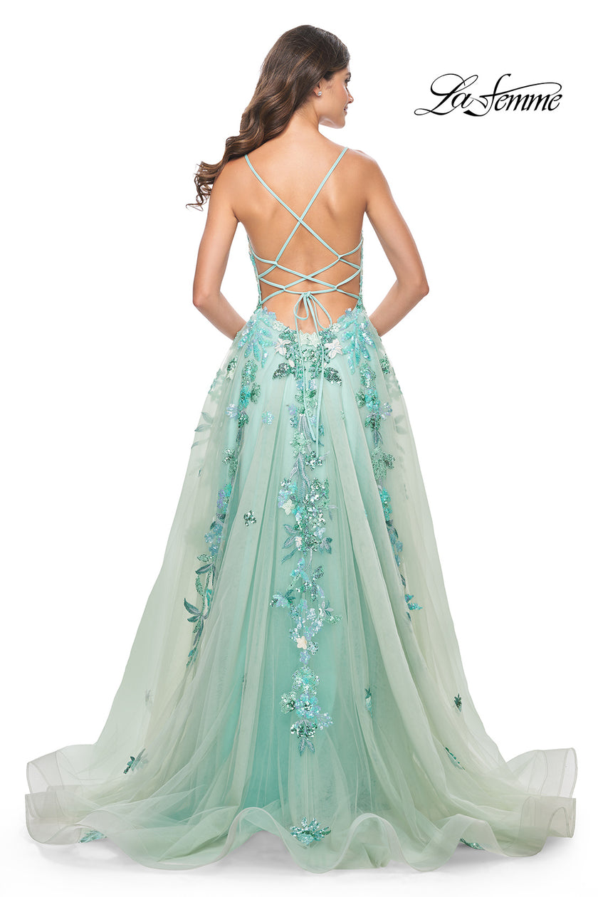 Picture of: Gorgeous Sequin Floral Lace Applique A-Line Tulle Sage Prom Dress in Sage, Style: 32347, Back Picture