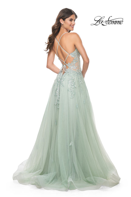 Picture of: A-Line Tulle Dress with Rhinestone Embellished Lace Applique in Light Colors in Sage, Style: 32438, Back Picture