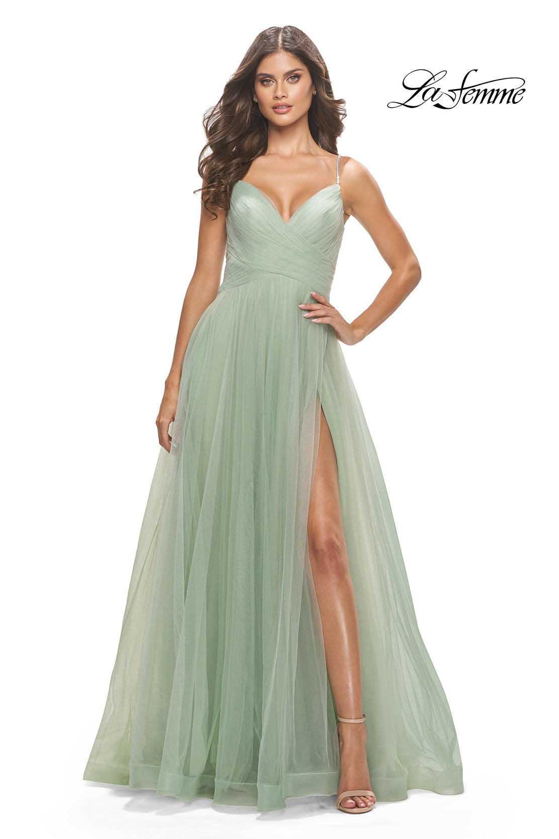 Picture of: Tulle A-Line Prom Dress with Rhinestone Straps in Sage, Style: 31204, Detail Picture 1