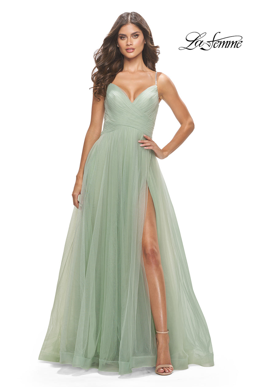Picture of: Tulle A-Line Prom Dress with Rhinestone Straps in Sage, Style: 31204, Detail Picture 1