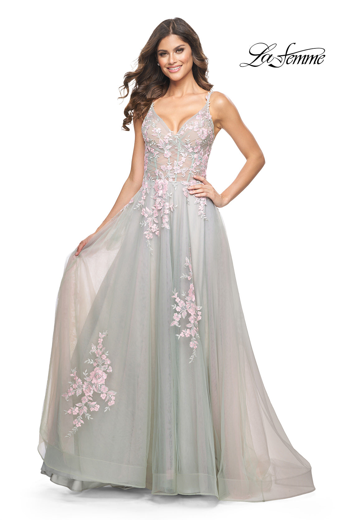 Picture of: A-Line Tulle Prom Dress with Scattered Lace Applique in Sage, Style: 31939, Detail Picture 1