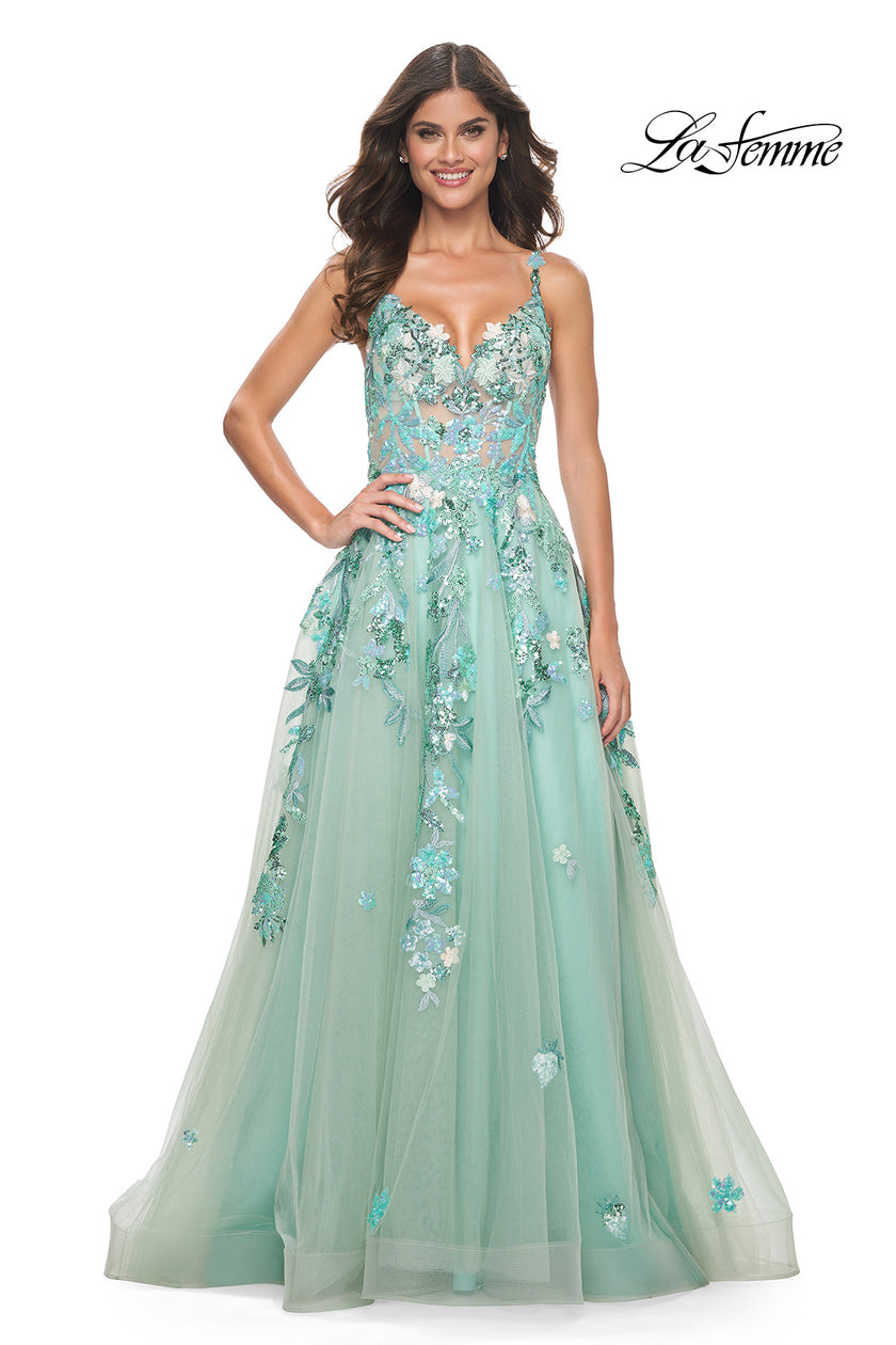 Picture of: Gorgeous Sequin Floral Lace Applique A-Line Tulle Sage Prom Dress in Sage, Style: 32347, Detail Picture 1