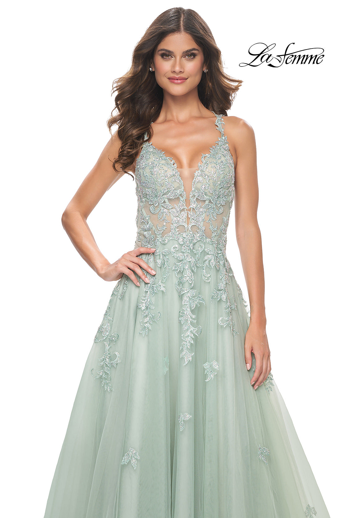 Picture of: A-Line Tulle Dress with Rhinestone Embellished Lace Applique in Light Colors in Sage, Style: 32438, Detail Picture 1