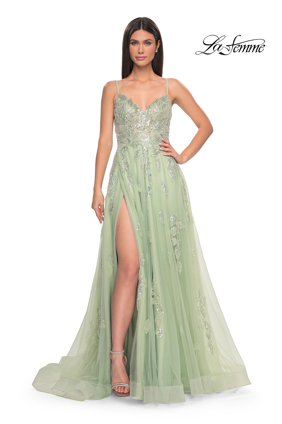 Picture of: Two Tone Tulle A-Line Prom Dress with Floral Beaded Detail in Sage, Style: 32090, Detail Picture 2