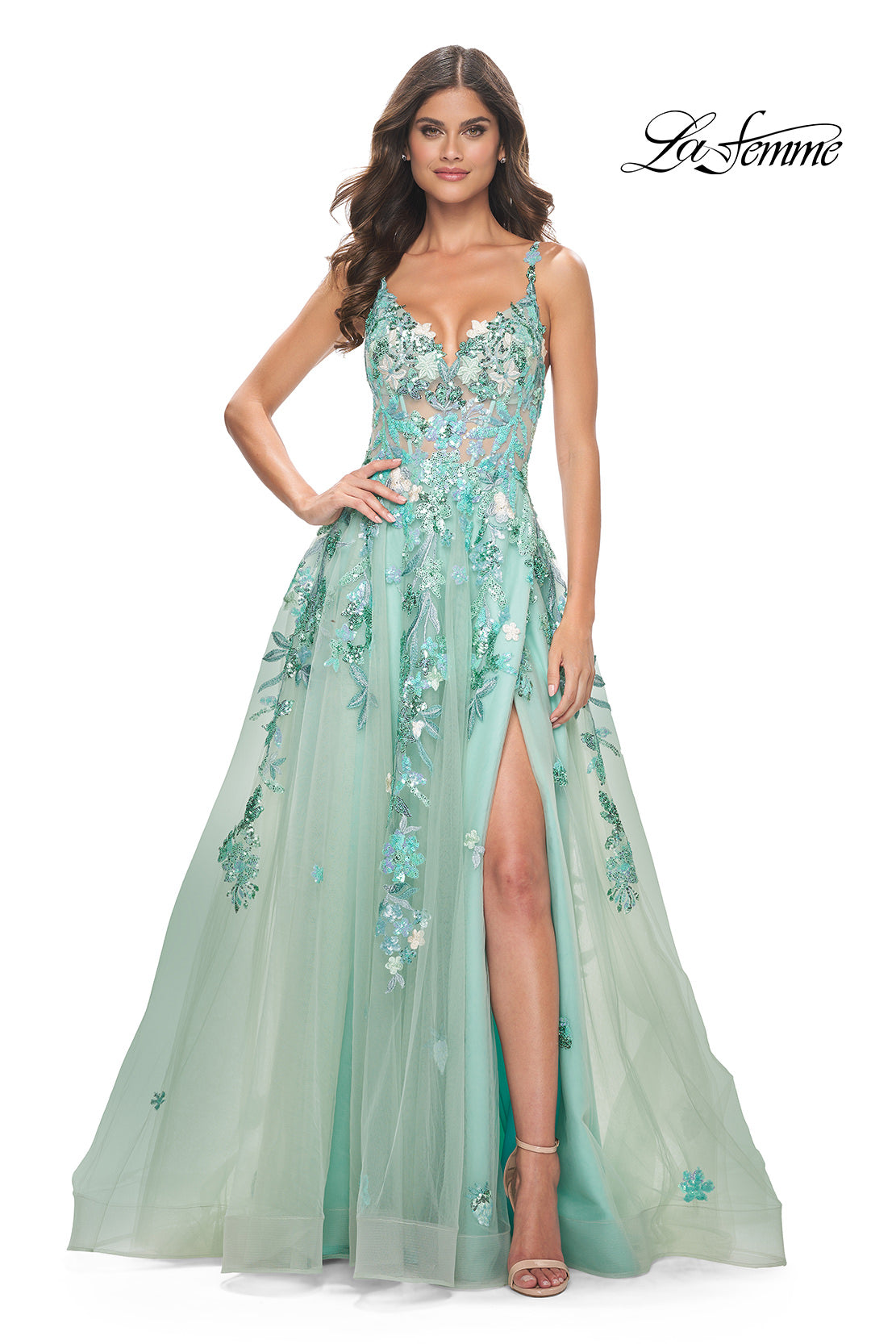 Picture of: Gorgeous Sequin Floral Lace Applique A-Line Tulle Sage Prom Dress in Sage, Style: 32347, Detail Picture 2