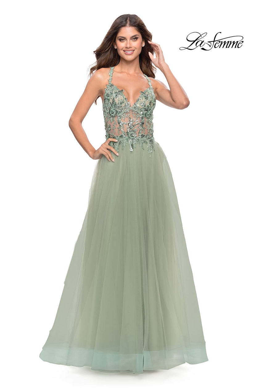 Picture of: Tulle A-Line Gown with Sheer Bodice and Beaded Lace Detail in Sage, Style: 31369, Detail Picture 3