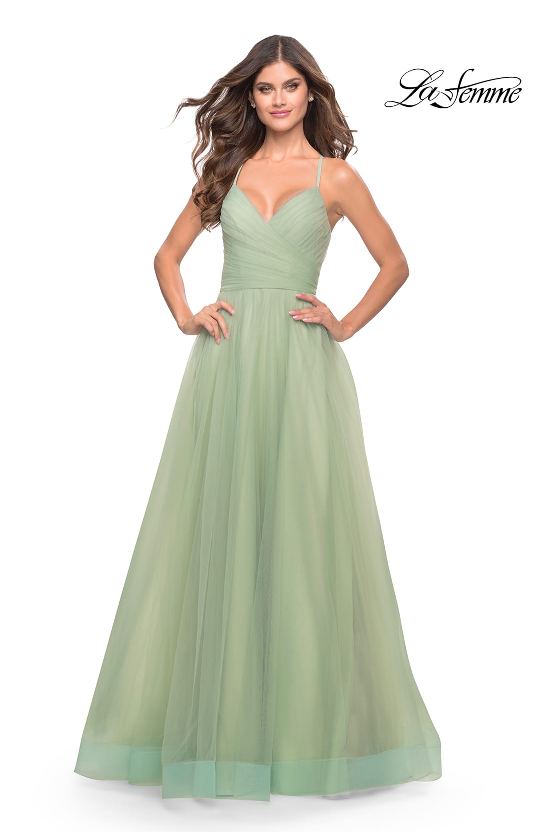 Picture of: Long Tulle A-line Gown with Side Slit and Pockets in Sage, Style: 31501, Detail Picture 3