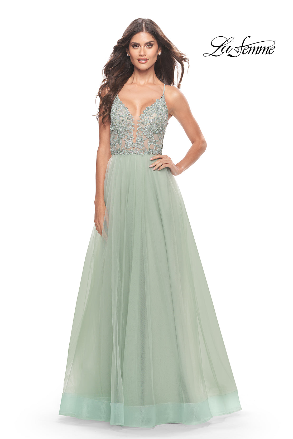 Picture of: Tulle Gown with Sheer Lace Bodice in Sage, Style: 31542, Detail Picture 3