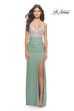 Picture of: Ruched Dress with Rhinestone Sheer Bodice in Sage, Style: 31590, Detail Picture 3
