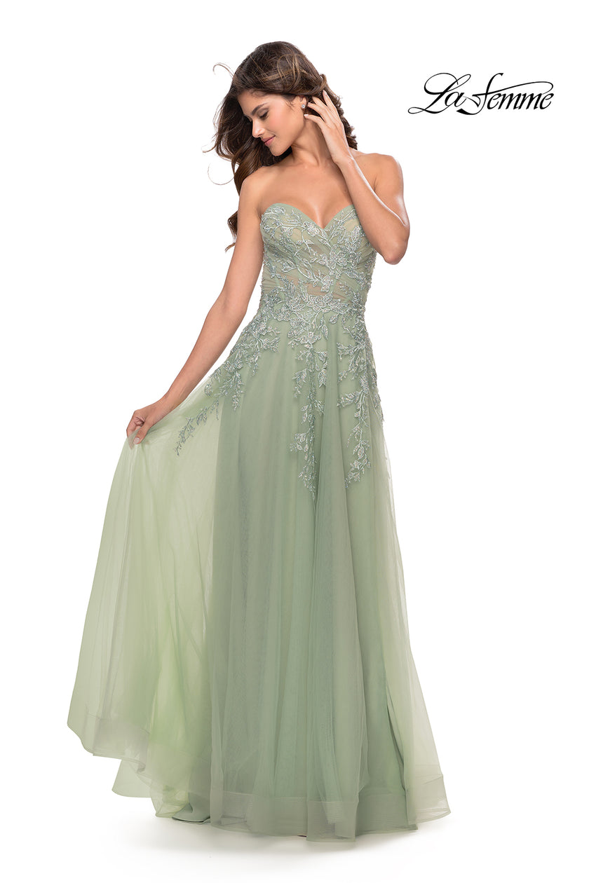 Picture of: Sweetheart Tulle Strapless Gown with Lace Applique in Sage, Style: 31363, Detail Picture 4