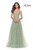 Picture of: Rhinestone Tulle Gown with Sheer Lace Bodice in Sage, Style: 31367, Detail Picture 4