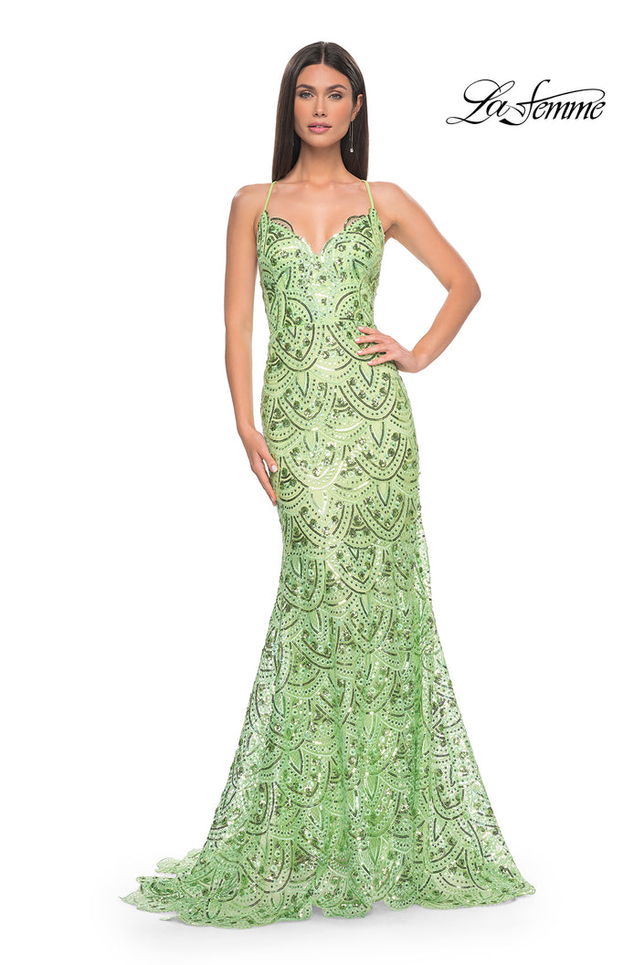 Picture of: Print Sequin Mermaid Dress with Lace Up Back in Sage, Style: 31865, Detail Picture 4