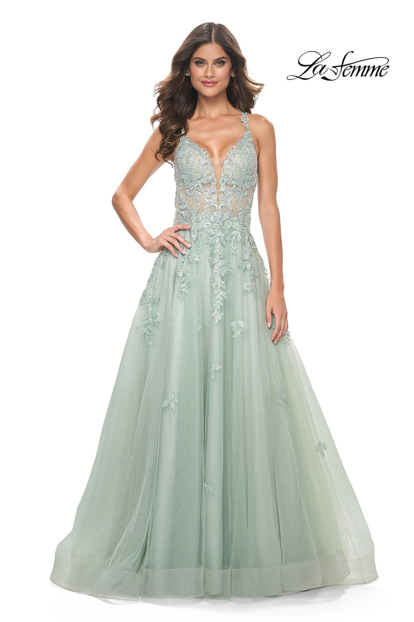 Picture of: A-Line Tulle Dress with Rhinestone Embellished Lace Applique in Light Colors in Sage, Style: 32438, Detail Picture 4