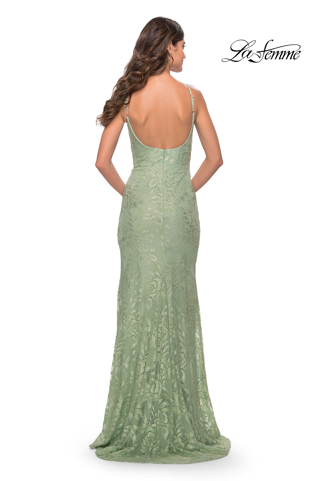 Picture of: Simple Stretch Lace Dress with Slit in Sage, Style: 31259, Detail Picture 5