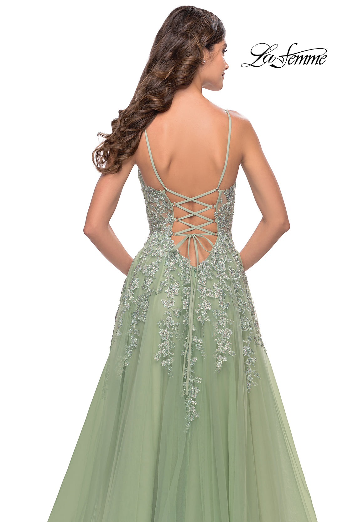 Picture of: Tulle A-Line Gown with Pretty Lace Applique Details in Sage, Style: 31393, Detail Picture 5
