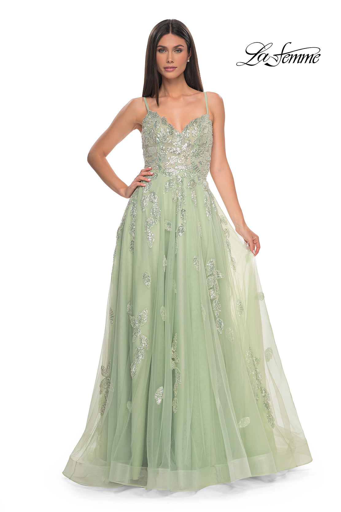 Picture of: Two Tone Tulle A-Line Prom Dress with Floral Beaded Detail in Sage, Style: 32090, Detail Picture 5
