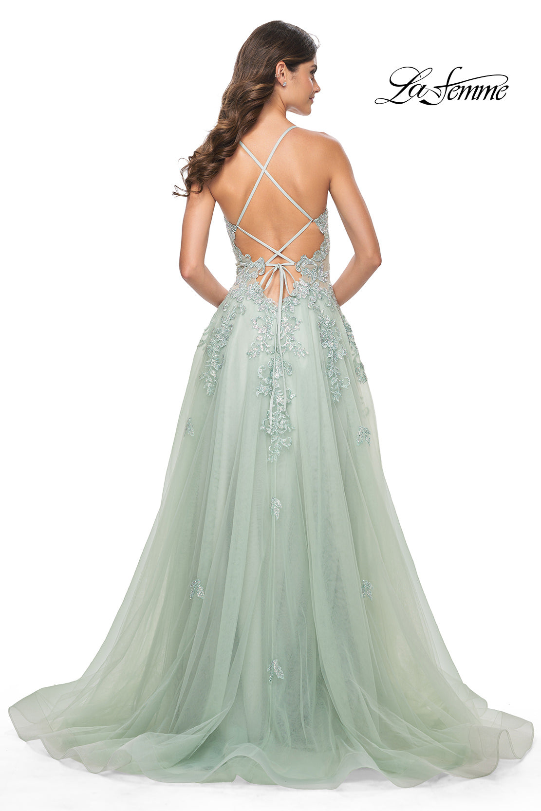 Picture of: A-Line Tulle Dress with Rhinestone Embellished Lace Applique in Light Colors in Sage, Style: 32438, Detail Picture 5