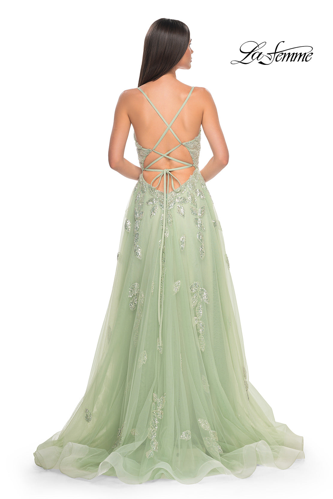 Picture of: Two Tone Tulle A-Line Prom Dress with Floral Beaded Detail in Sage, Style: 32090, Detail Picture 6