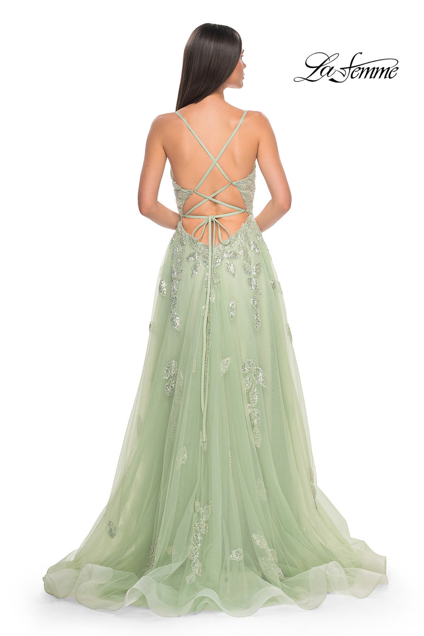 Picture of: Two Tone Tulle A-Line Prom Dress with Floral Beaded Detail in Sage, Style: 32090, Detail Picture 6
