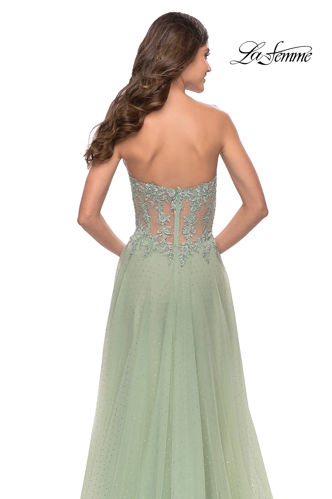 Picture of: Rhinestone Tulle Gown with Sheer Lace Bodice in Sage, Style: 31367, Detail Picture 7