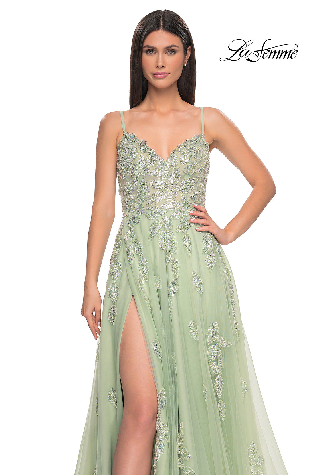 Picture of: Two Tone Tulle A-Line Prom Dress with Floral Beaded Detail in Sage, Style: 32090, Detail Picture 7