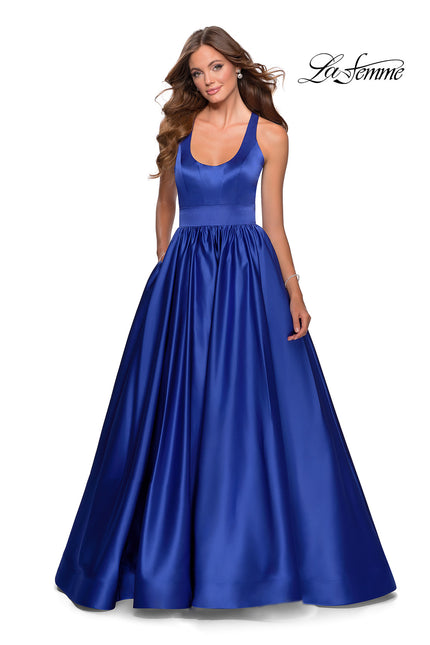 Picture of: Satin Ball Gown with Criss Cross Back and Pockets in Sapphire Blue, Style: 28281, Detail Picture 1